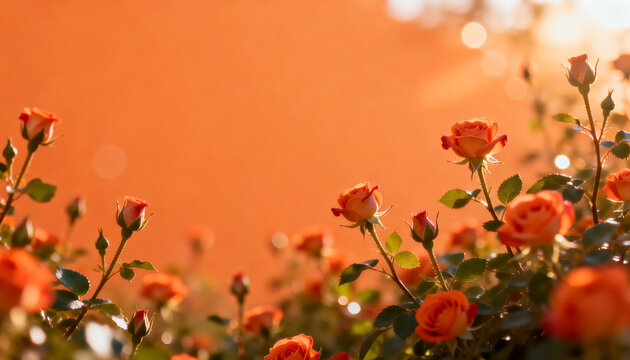 황금빛 일몰을 배경으로 한 오렌지 장미 정원