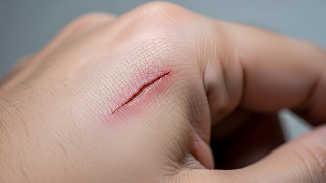A realistic close-up image of a human hand with a small cut injury, focusing on skin texture and detail