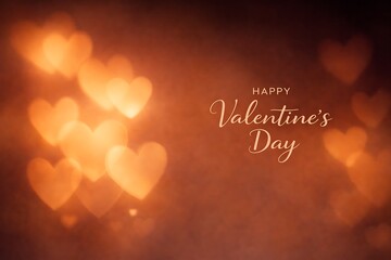 Happy Valentine's Day Greeting Card with Warm Golden Heart Shaped Bokeh Lights on Dark Textured Background