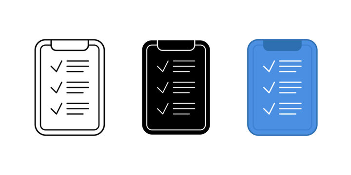 Clipboard checklist icon set in outline, solid black, and blue fill styles. Clean minimal vector for business, task management, to-do list, UI, app, web, and productivity design. - Powered by Adobe