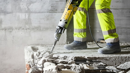 Construction worker operating jackhammer on concrete site