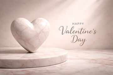 Elegant Happy Valentine's Day Scene with Polished Pink Marble Heart on Round Stone Podium under Soft Sunlight