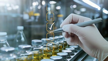 Scientist verifying quality control checklist for vaccine vials