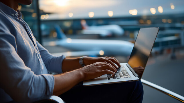 Faceless handsome businessman hands working laptop computer waiting flight sitting boarding lounge airline hub airplanes departing arriving executive travel activity