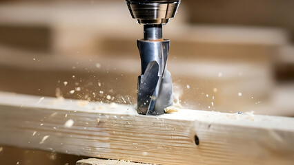 Drill bit cutting through wooden beam with flying wood chips
