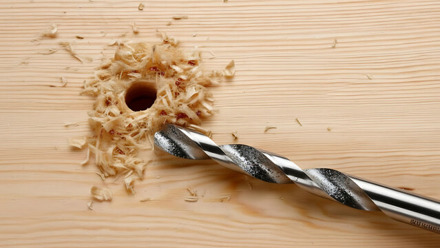 Drill bit making hole in wooden plank with shavings