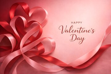 Happy Valentine's Day Card with Elegant Red and Pink Silk Ribbons Formed into Interlocking Heart Shapes on Textured Background