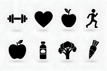 Collection of fitness and health web icons featuring various exercise and dietary symbols in black silhouette style