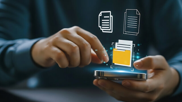 Businessman interacting with smartphone and digital documents - Powered by Adobe