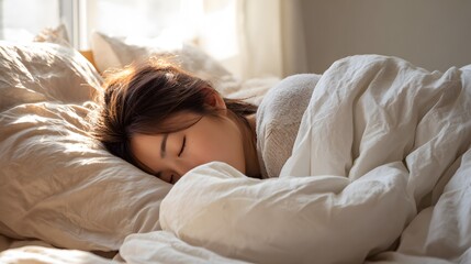 Young Woman Sleeping Comfortably in Bed / ベッドで快適に眠る若い女性