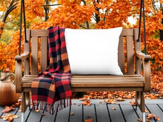 Cozy autumn swing with blanket and pillow