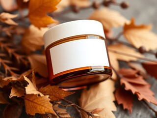 Autumnal skincare jar amidst leaves