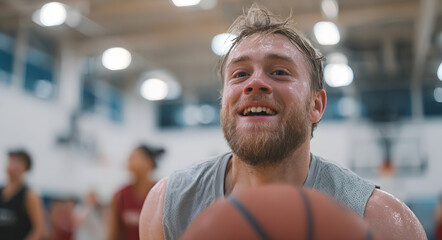 Fototapeta premium Young man down syndrome playing basketball gym with teammates inclusive sports program. Special needs athlete participating team activities fitness training. Disability inclusion concept banner