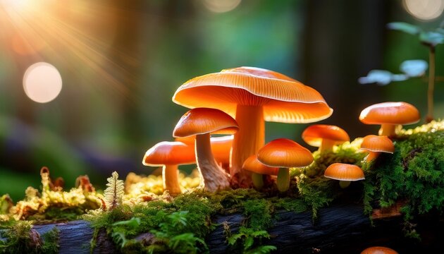 close up of vibrant orange mushrooms growing on a mossy log in a sunlit forest with blurred green background and soft glowing light effects