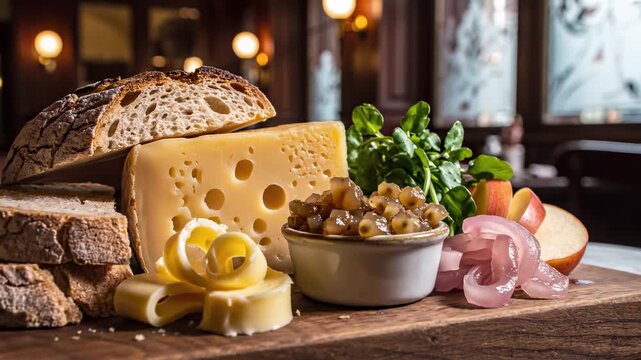 Ploughman&rsquo;s Lunch: a rustic wooden board with mature Cheddar wedge, crusty bread, butter pats, Branston pickle, pickled onions, apple slices and watercress
