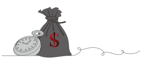 image of alarm clock and sack of coins isolated on white background, Time vs money concept