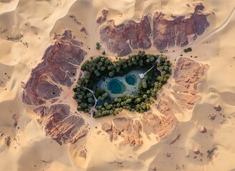 Aerial view of a stunning desert oasis surrounded by golden sand dunes and rugged rock formations, showcasing a vibrant ecosystem in a harsh environment.