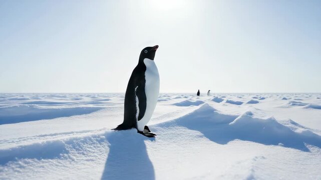 Adelie penguin walking on a vast snowy landscape. Bright sun illuminates the pristine white ice and distant horizon. Symbolizing resilience, journey, and the beauty of polar wildlife