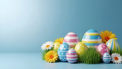 Happy easter sunday celebration with colorful eggs and flowers