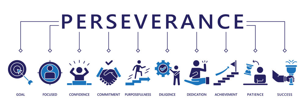 Perseverance banner web icon vector illustration concept with icon of goal, focused, confidence, commitment, purposefulness, diligence, dedication, achievement, patience and success