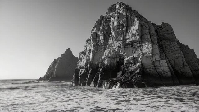 Dramatic black and white triptych showcases powerful ocean waves crashing against a rugged coastal rock formation. Capturing the raw energy of the sea and majestic natural beauty
