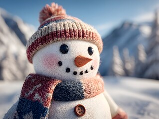 Smiling Snowman Wearing Festive Scarf In Neutral Snowy Landscape Winter Holiday Cheer