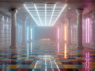 Retro 1980s Concert Stage With Colorful Parquet Floor Neon Lights Nostalgic Music Culture