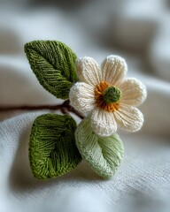 Handmade Crochet Flower With Green Leaves Resting On Soft White Fabric Cozy Craft Aesthetic