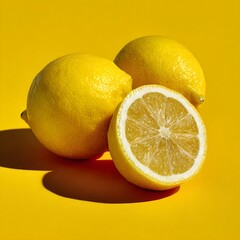 Fresh Lemons With Sliced Halves Showcasing Bright Citrus Texture Clean Minimal Food Photography