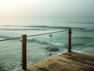 Frameless Glass Railing On Wooden Deck Beside Sea With Gentle Waves Coastal Luxury