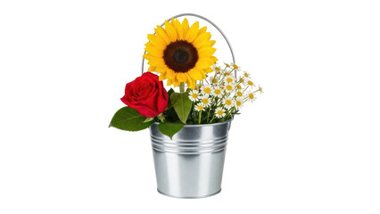 Sunflower, Rose, and Daisies in a Bucket, Isolated on Transparent Background