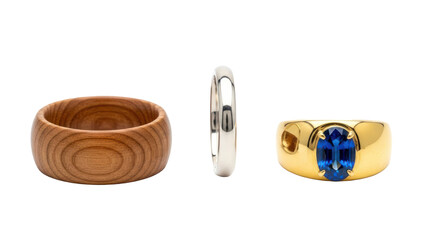 Three different rings: wood, silver band, gold sapphire, isolated on transparent background