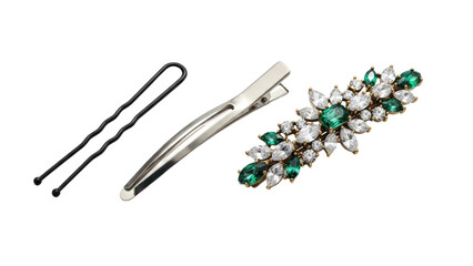 Hair accessories collection: bobby pins, clip, and jeweled barrette, isolated on transparent background.