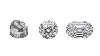 Raw Diamond, Round Cut, and Oval Cut Gemstones Isolated