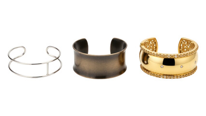 Three bracelets - silver, bronze, gold with diamonds, isolated on transparent background
