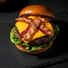 Top down shot of a delicious gourmet cheeseburger on a dark stone surface