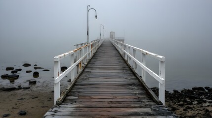 Fototapeta premium Long jetty disappearing into fog eerie atmosphere smooth water mystery minimalism mood landscape tranquility scene