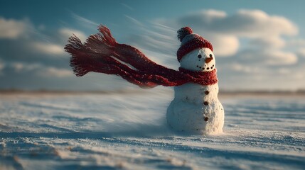 Snowman with scarf blowing wind open winter plain dynamic motion cold landscape season charm energy