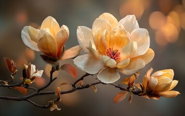 Magnolia large bloom opening in soft golden sunset floral elegance romance warmth serenity beauty moment