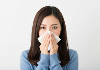 ティッシュで鼻をかみ体調管理に気をつける女性