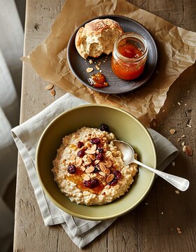 Hearty oatmeal porridge topped with dried cranberries, sliced almonds, and sweet syrup, served with a fresh bread roll and fruit jam.