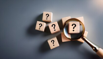 premium photo of identifying and understanding issues through root cause analysis using a magnifying glass on wooden cubes with question marks on a grey background
