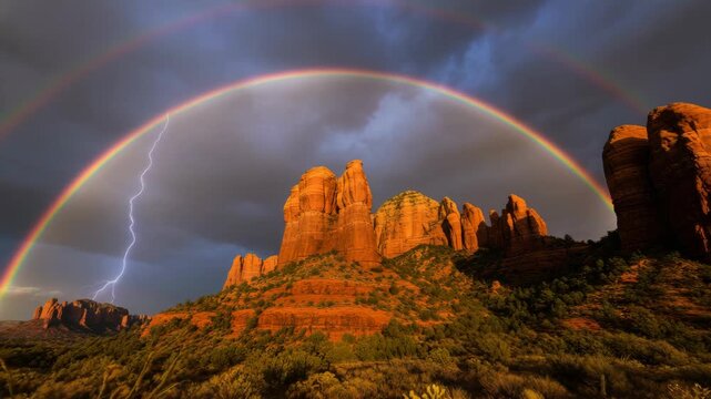Dramatic desert landscape with a vibrant double rainbow over majestic red rock formations. Powerful lightning strikes illuminate the stormy sky during a monsoon