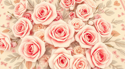 Romantic Pastel Pink and Cream Rose Floral Illustration, Decorative Valentine's Pattern Background