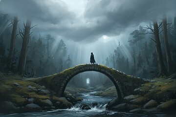 Fototapeta premium Cloaked figure stands on an ancient stone bridge over a flowing river, gazing towards a distant light in the mystical, foggy forest.