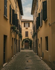 Obraz premium Narrow cobblestone street leading towards a charming old wooden door at the end of a picturesque European town alley lined with traditional buildings and flowering plants.