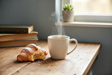 Steaming mug of coffee and a delicious croissant with powdered sugar rest on a rustic wooden table, creating a cozy morning breakfast scene.