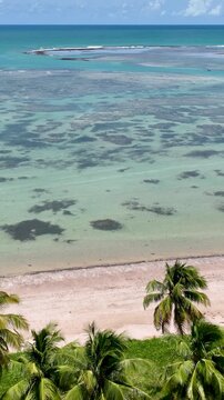 Patacho Beach In Sao Miguel Dos Milagres Alagoas Brazil. Bird Eye View Of A Amazing Coastal Beach In The Summer Holiday. Deserted Landscape Peaceful Vibrant. Deserted Waterfront Coast.