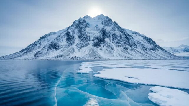 Snowy mountain peaks rise majestically above a frozen arctic sea. Clear blue water reflects the dramatic winter landscape. Ice floes and intricate patterns cover the calm ocean surface