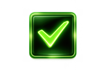 Green glowing neon check mark icon on a dark square button, indicating success, approval, or completion, on transparent background